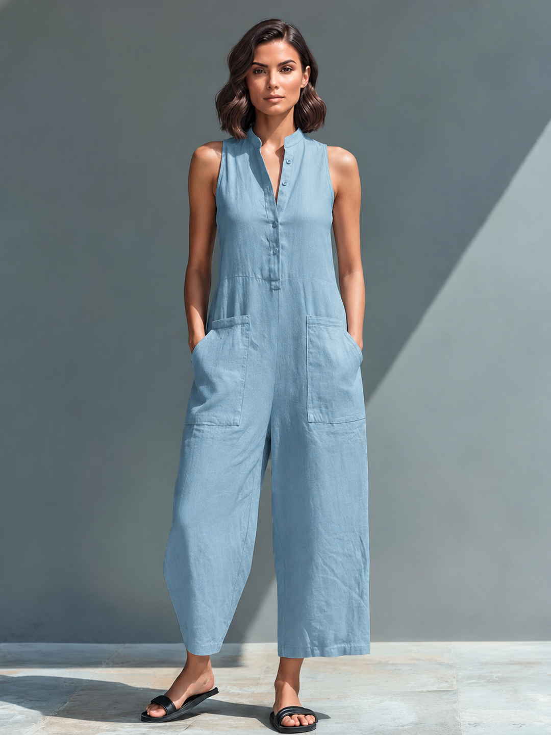 Women's Casual Cotton-Poly Blend Button-Front Sleeveless Jumpsuit