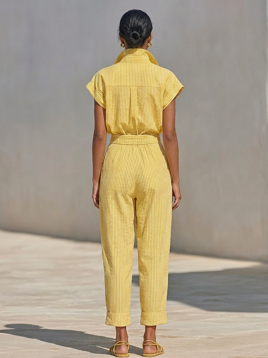 Women's Lemon Vertical Stripe Textured Co-Ord With Front Button Blouse & Side Pocket Tapered Trousers, Effortless-Chic Beach Casual Outfit MDZ2203F4LYL