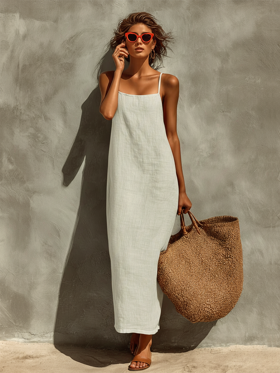 Women's Red Cotton Dress With Spaghetti Straps & Square Neck, Timeless Boho-Resort Style Dress MDZ0924C3I