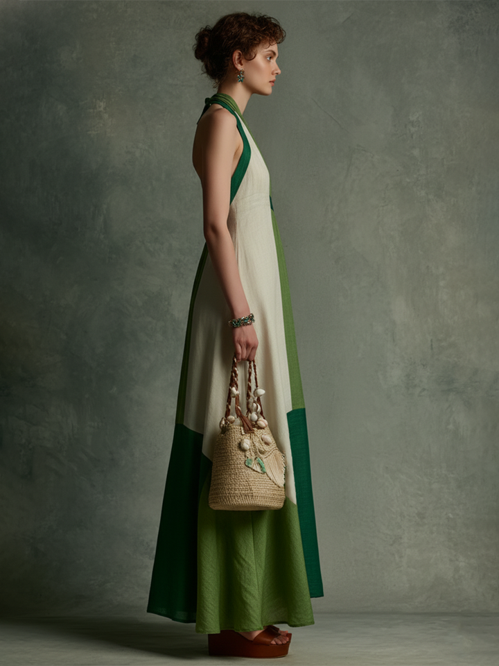 Women's Vacation Style Green And White Color-Block Linen-Cotton Halter V-Neck Waist-Tailored Maxi Dress MDZ2051E3GMJ