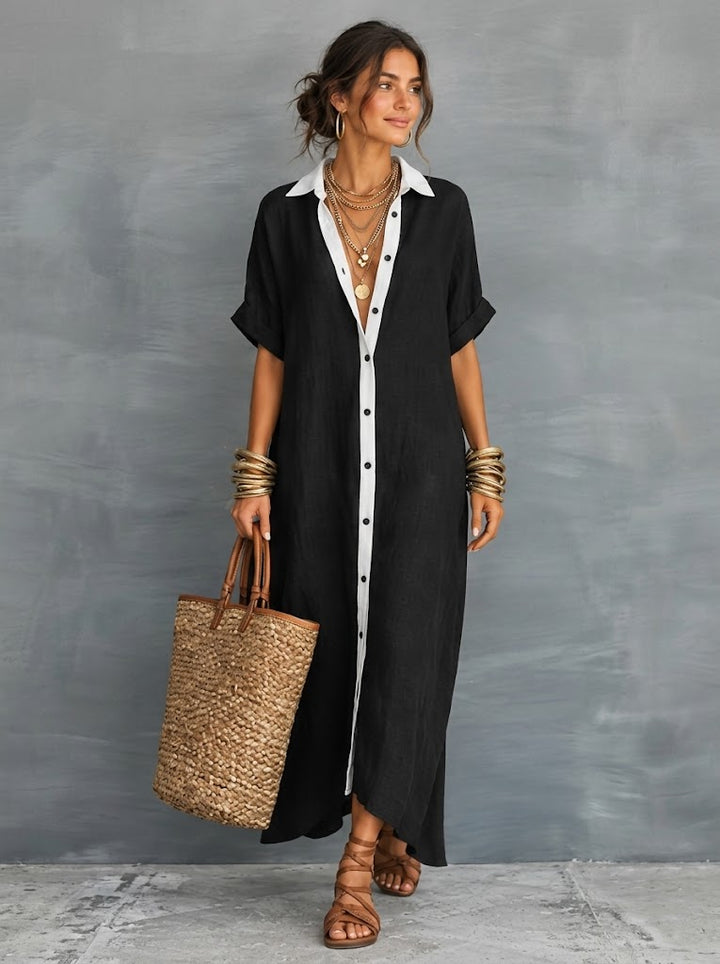 Effortless Linen-Blend Short-Sleeve Maxi Shirt Dress