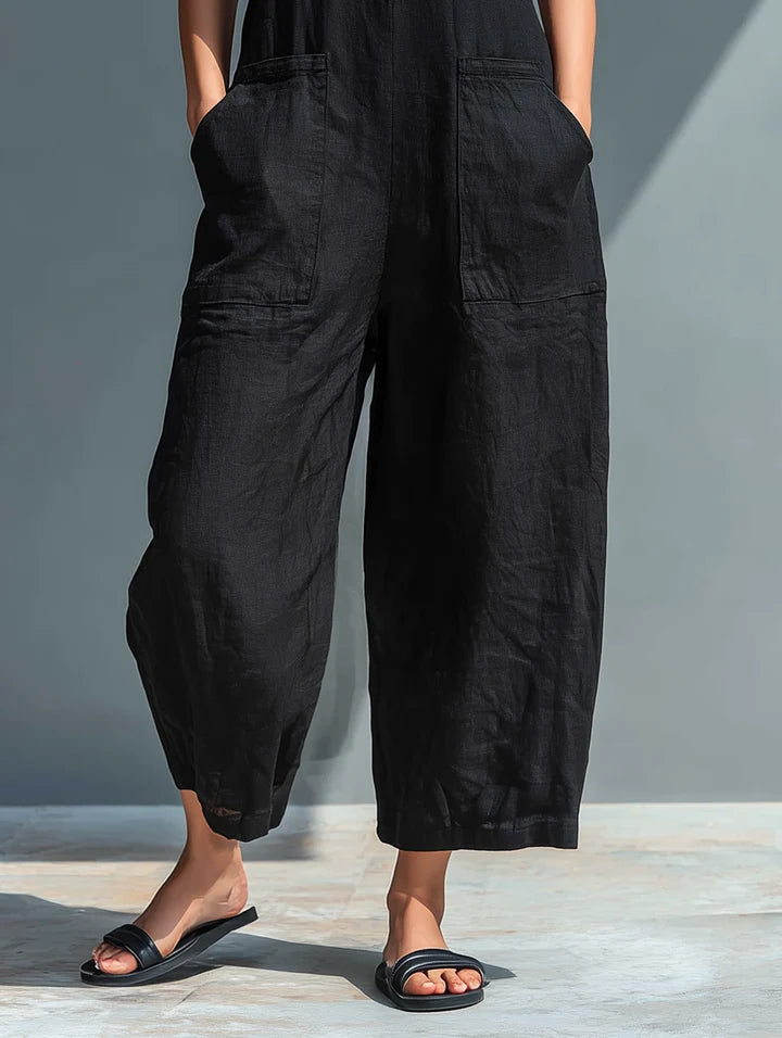 Women's Casual Cotton-Poly Blend Button-Front Sleeveless Jumpsuit