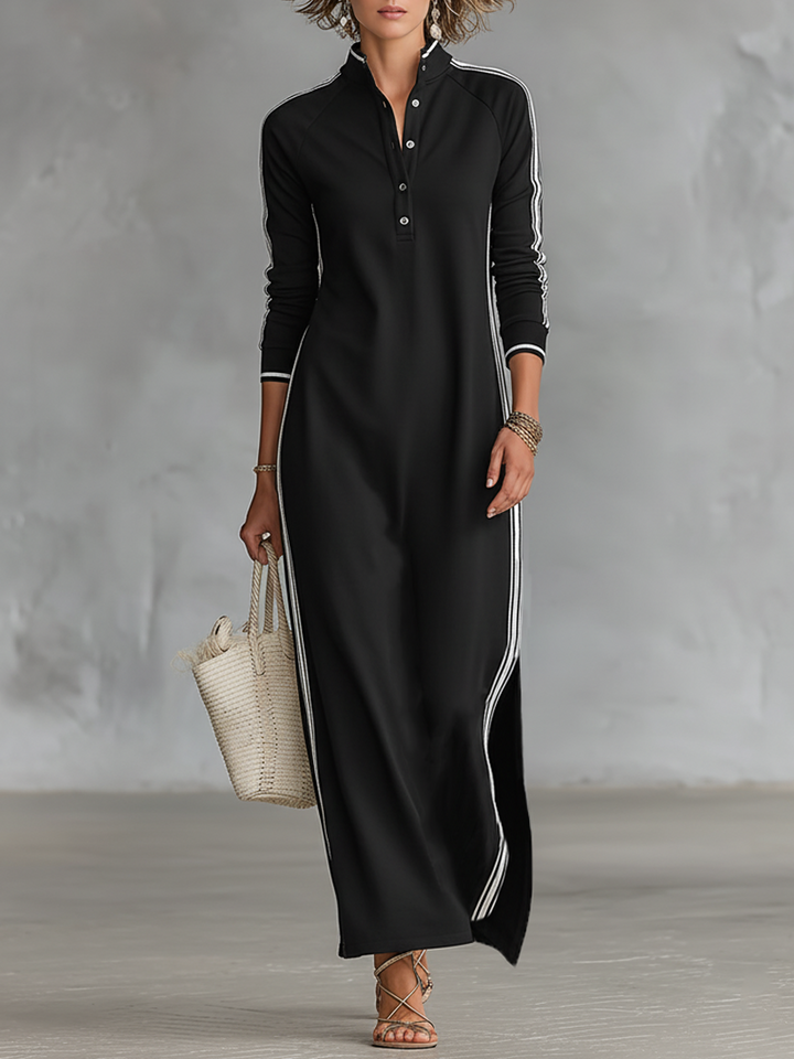 Women's Minimalist White-trimmed Button-down Collar Sweatshirt Maxi Dress MDA0958L0Y