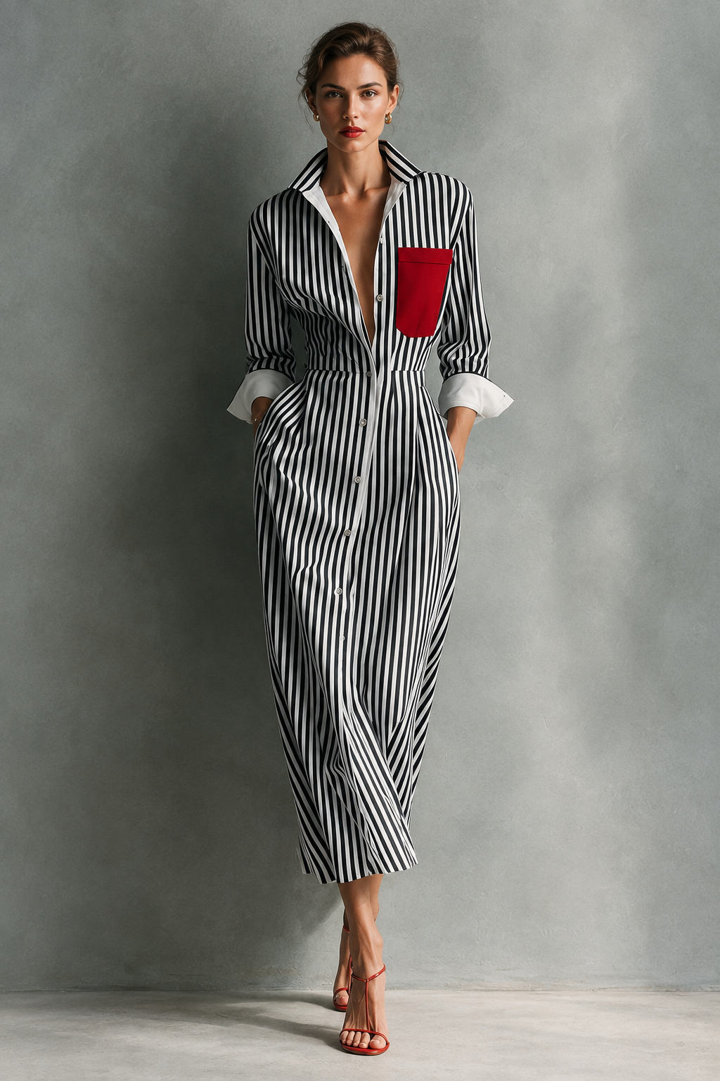 Classic Blue Striped Cotton Maxi Shirt Dress with Accent Pocket