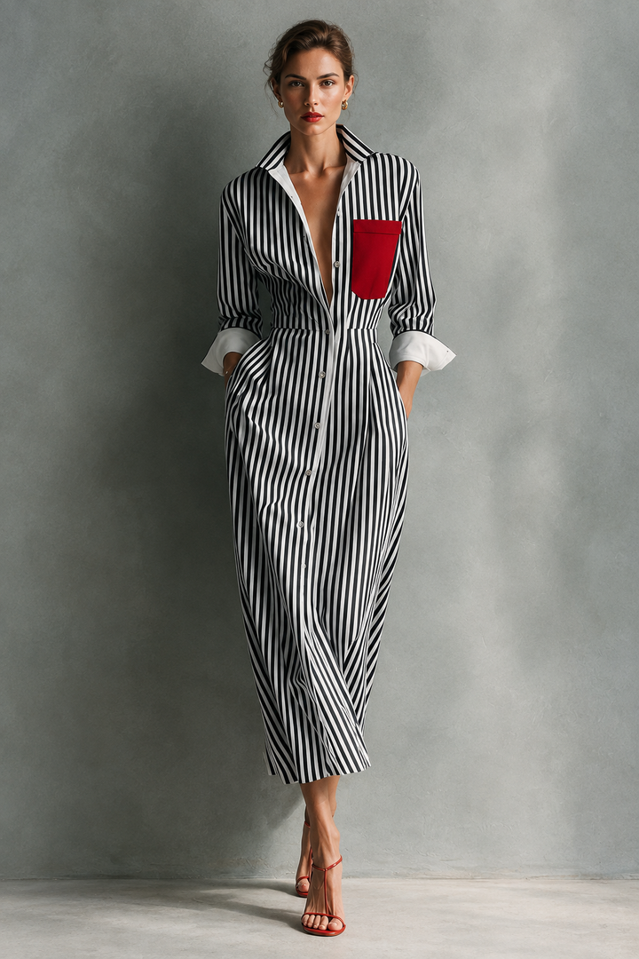 Classic Blue Striped Cotton Maxi Shirt Dress with Accent Pocket