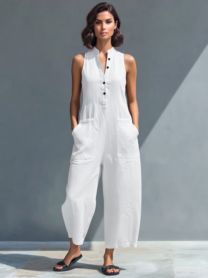 Women's Casual Cotton-Poly Blend Button-Front Sleeveless Jumpsuit