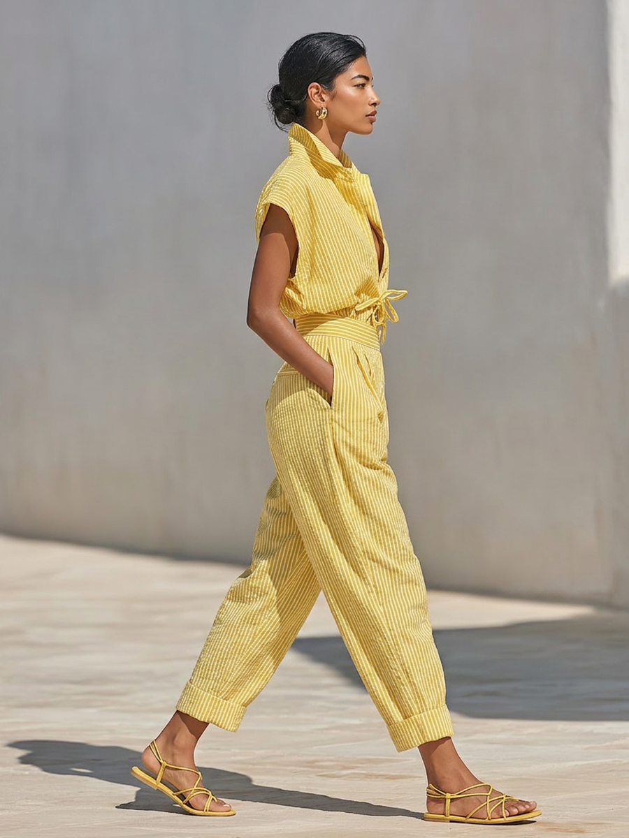 Women's Lemon Vertical Stripe Textured Co-Ord With Front Button Blouse & Side Pocket Tapered Trousers, Effortless-Chic Beach Casual Outfit MDZ2203F4LYL