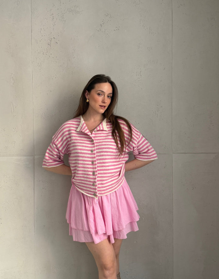 Bobbin - Button-through short-sleeved sweater with stripes