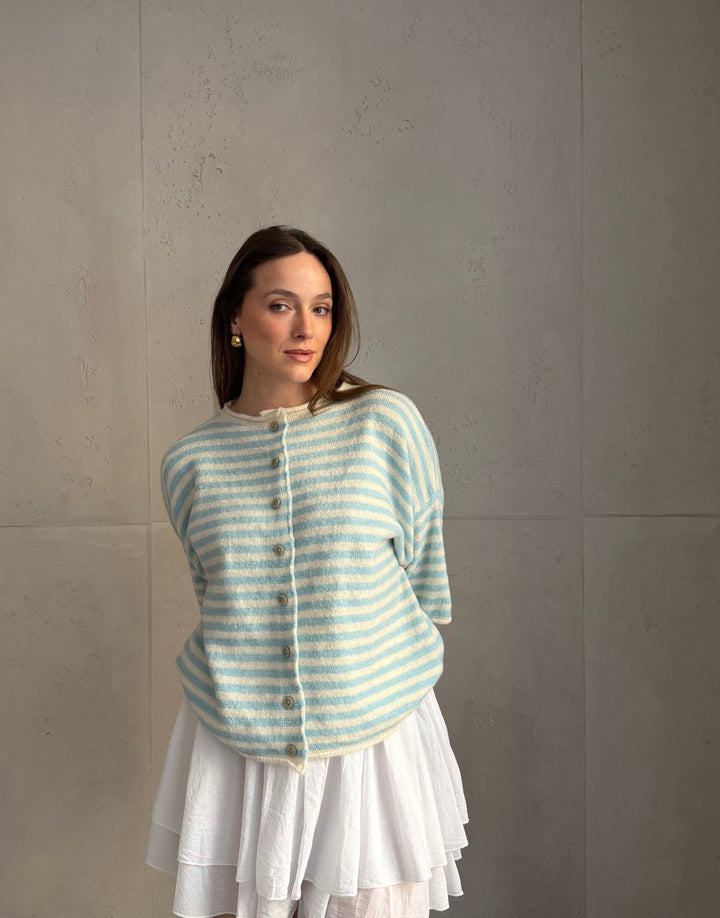 Bobbin - Button-through short-sleeved sweater with stripes