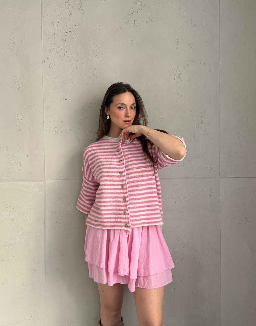 Bobbin - Button-through short-sleeved sweater with stripes