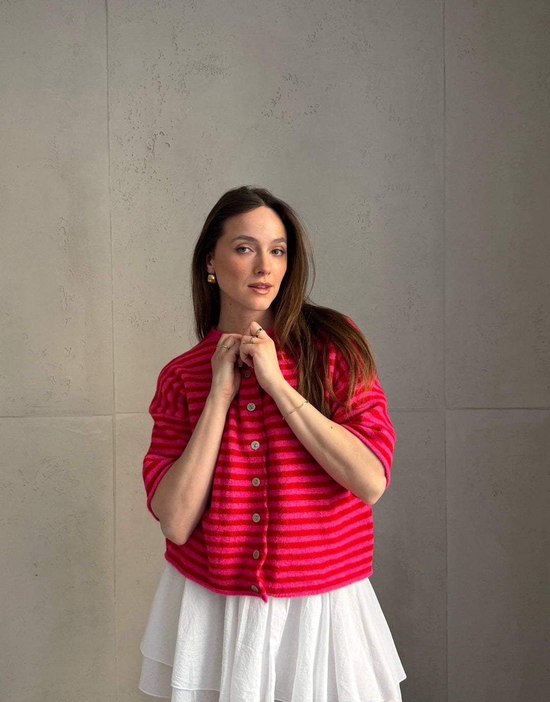 Bobbin - Button-through short-sleeved sweater with stripes