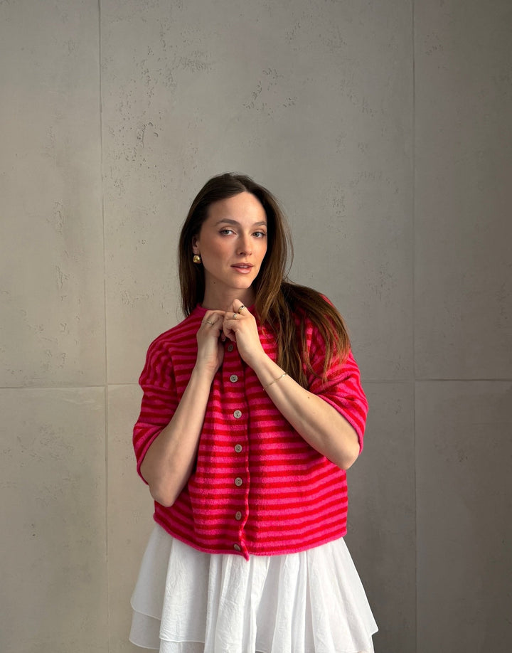 Bobbin - Button-through short-sleeved sweater with stripes