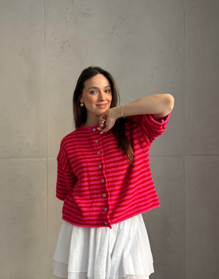Bobbin - Button-through short-sleeved sweater with stripes