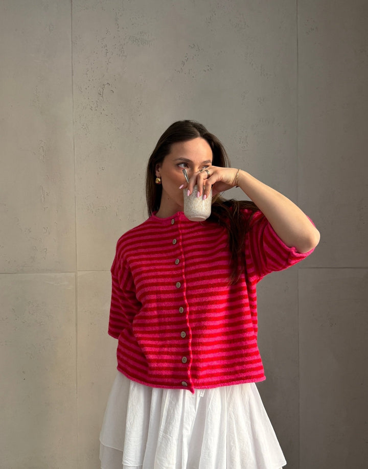 Bobbin - Button-through short-sleeved sweater with stripes