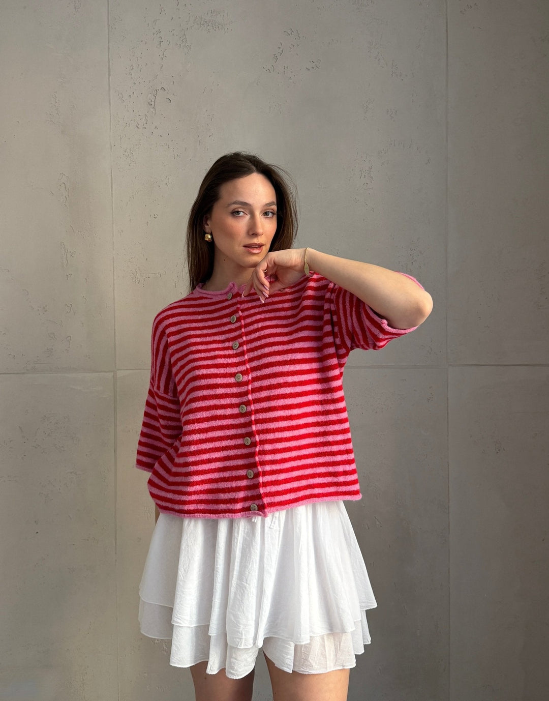 Bobbin - Button-through short-sleeved sweater with stripes