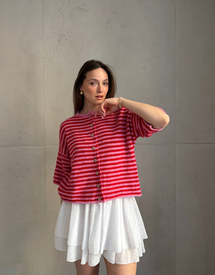 Bobbin - Button-through short-sleeved sweater with stripes
