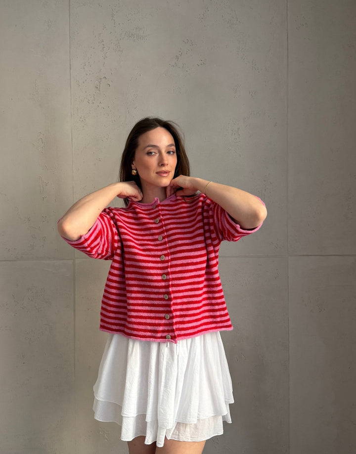 Bobbin - Button-through short-sleeved sweater with stripes