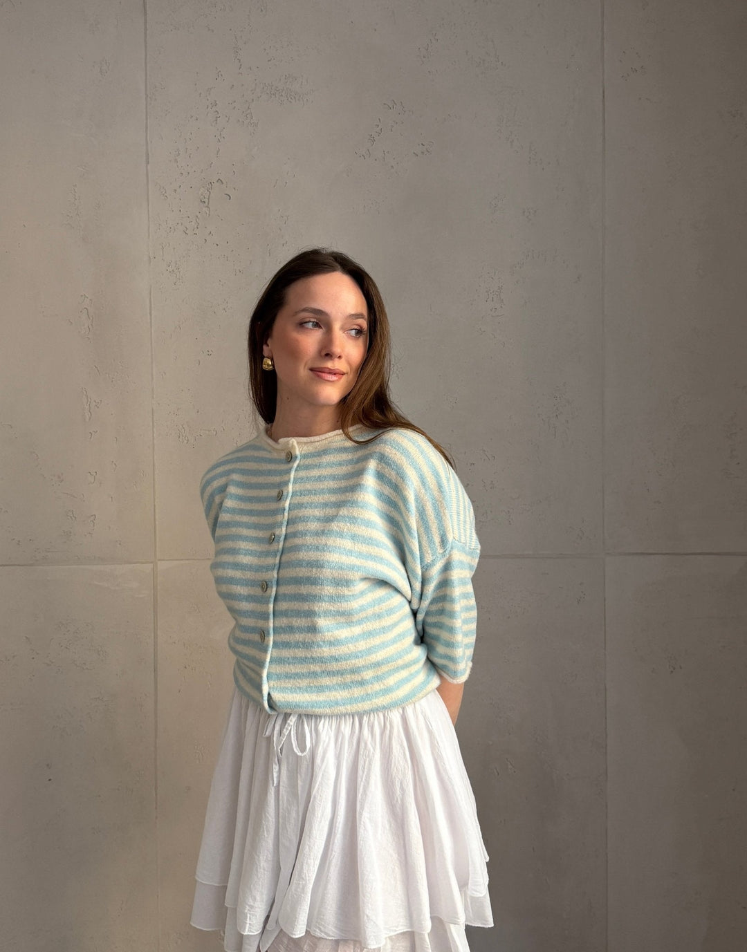 Bobbin - Button-through short-sleeved sweater with stripes