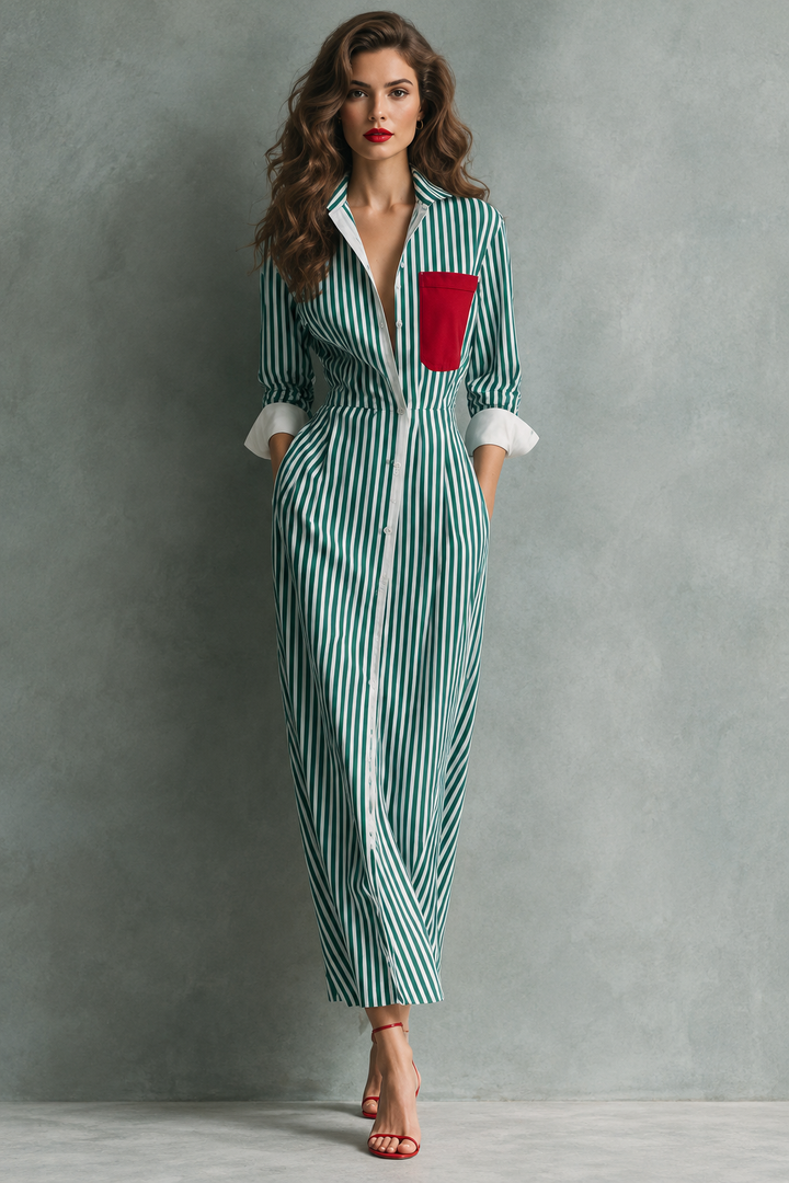Classic Blue Striped Cotton Maxi Shirt Dress with Accent Pocket