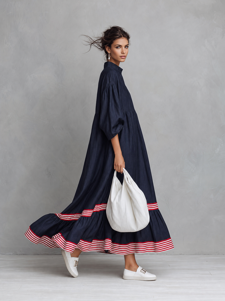 Women's Minimalist Linen-Blend Long-Sleeve Maxi Dress With Striped Hem Panel MDZ0967G8WY