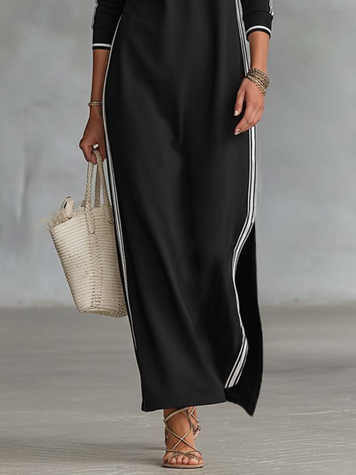 Women's Minimalist White-trimmed Button-down Collar Sweatshirt Maxi Dress MDA0958L0Y