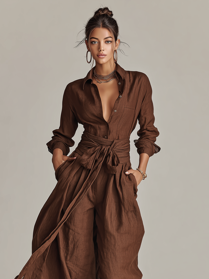 Women's Elegant Brown Woven Cotton-linen Long-sleeved Shirt Collar Jumpsuit With Belt MDA1965L9AN