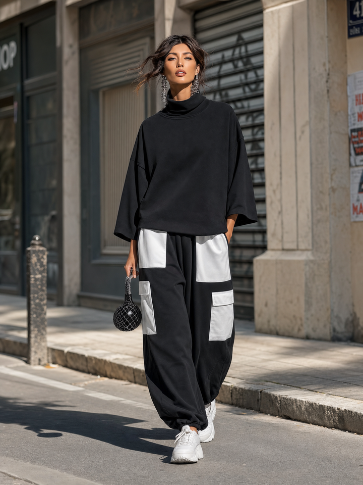 Women’s Black Cotton Knit Oversized High Neck 3/4 Sleeve Sweatshirt & Elastic Cuff Color Block White Patch Pocket Jogger Cargo Pants Two Piece Tracksuit Set MDZ0696G6YZJ