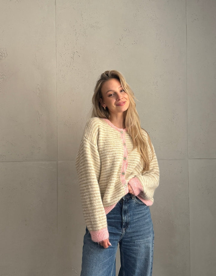 Taylors - White Striped Cardigan with Buttons