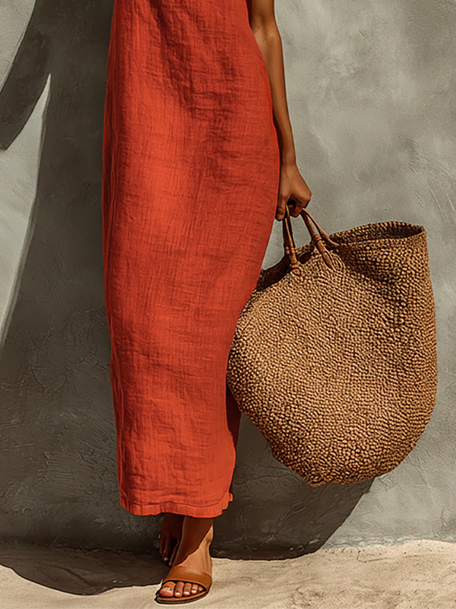 Women's Red Cotton Dress With Spaghetti Straps & Square Neck, Timeless Boho-Resort Style Dress MDZ0924C3I