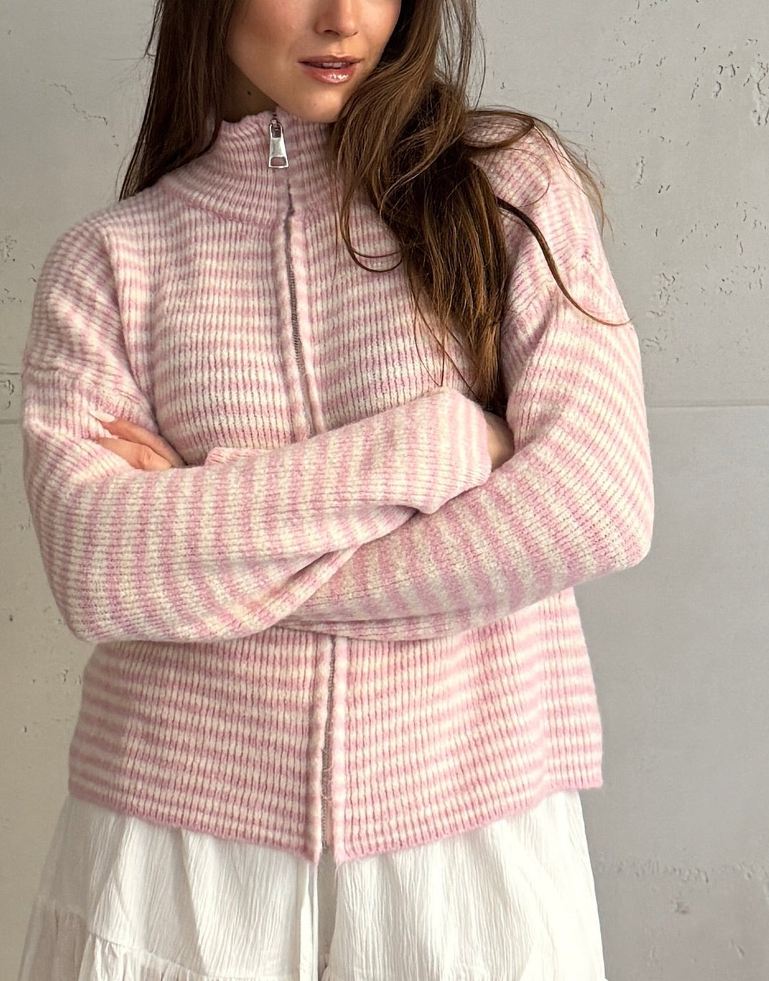 Stony - Striped cardigan with zipper and stand-up collar