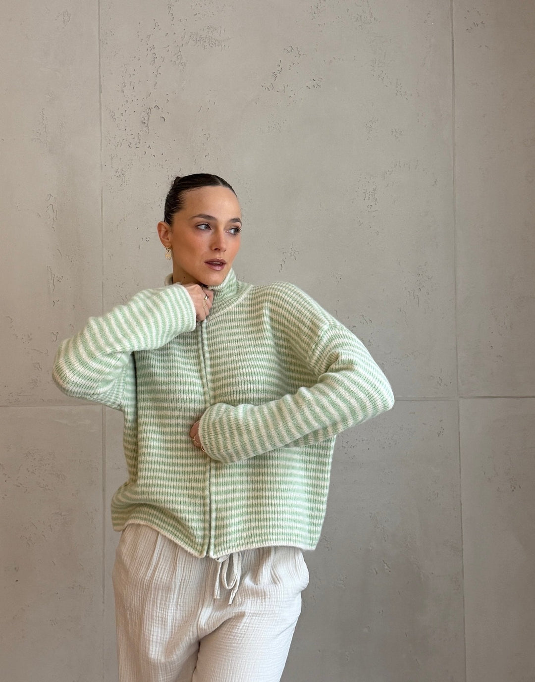 Stony - Striped cardigan with zipper and stand-up collar