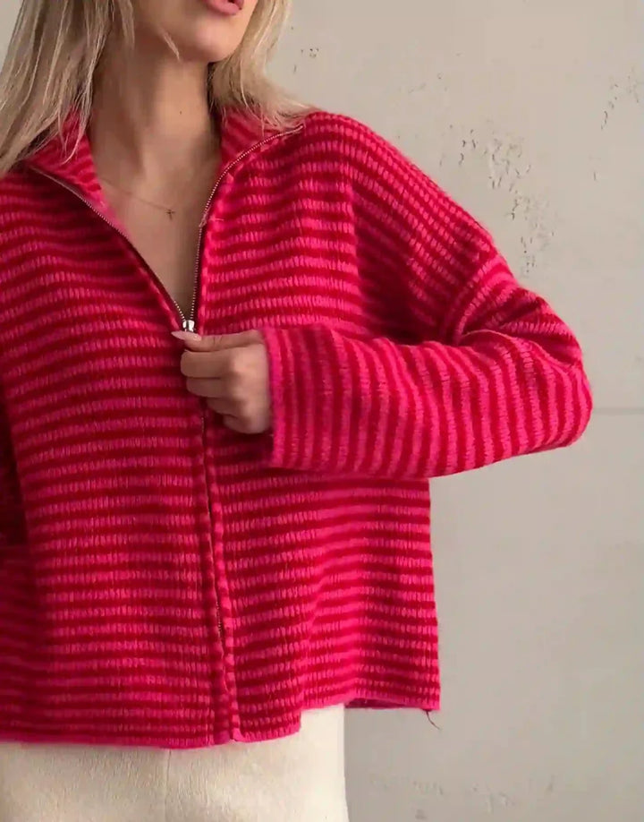 Stony - Striped cardigan with zipper and stand-up collar