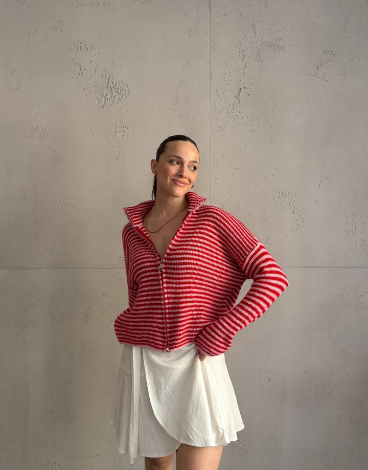 Stony - Striped cardigan with zipper and stand-up collar