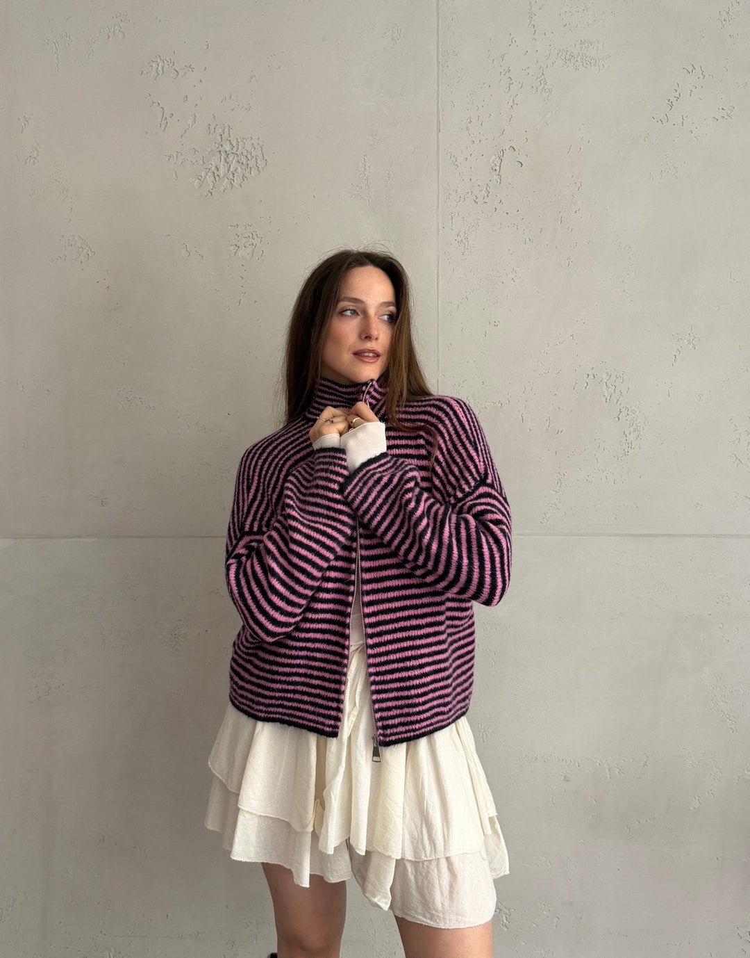 Stony - Striped cardigan with zipper and stand-up collar