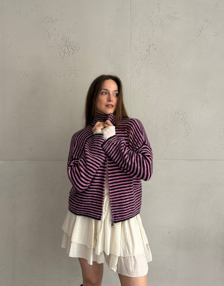 Stony - Striped cardigan with zipper and stand-up collar