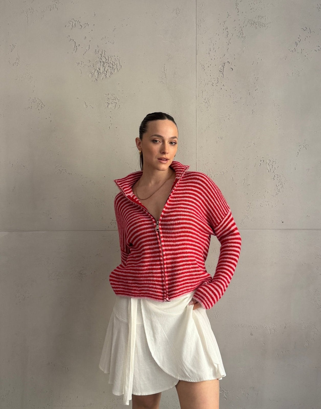 Stony - Striped cardigan with zipper and stand-up collar