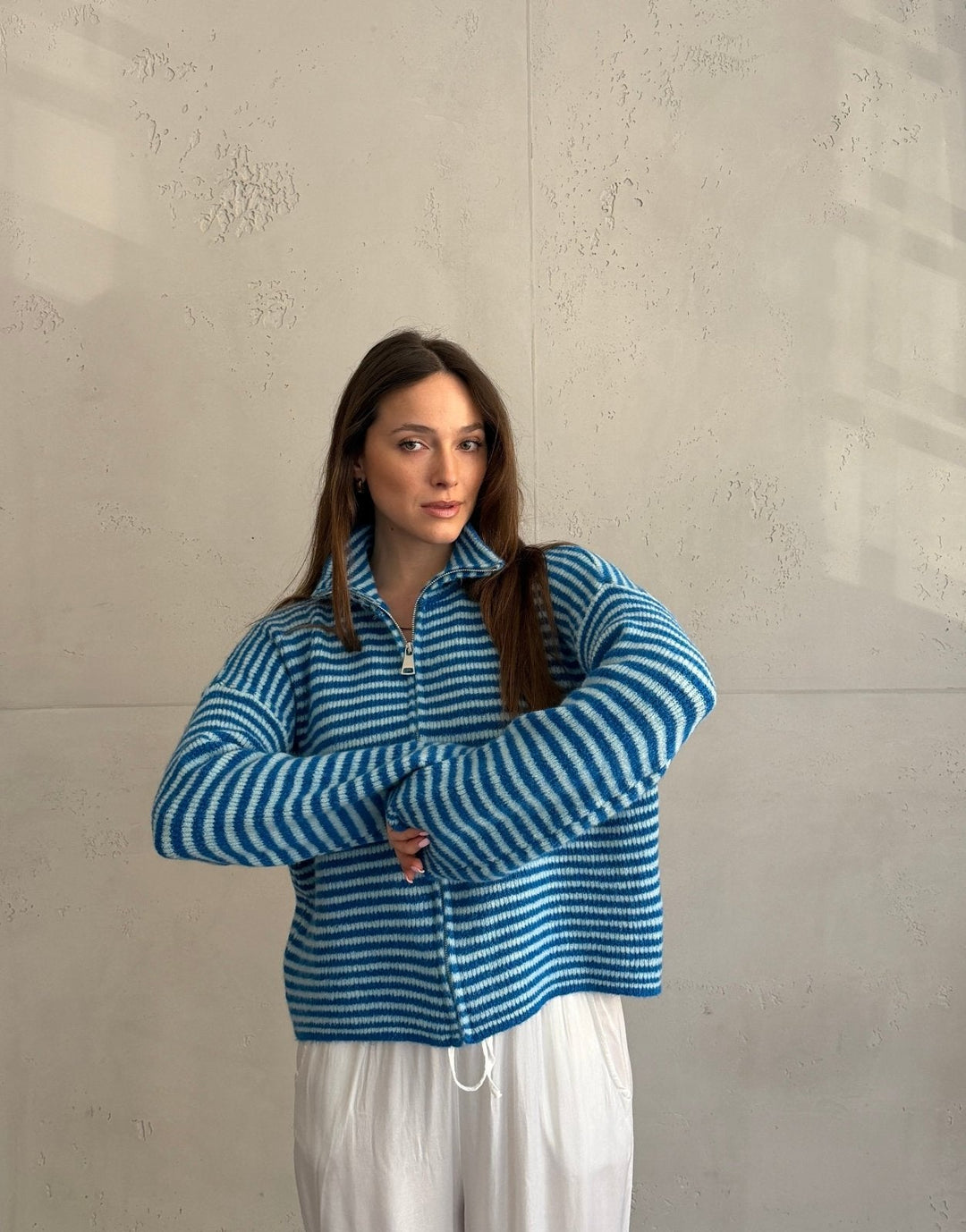 Stony - Striped cardigan with zipper and stand-up collar