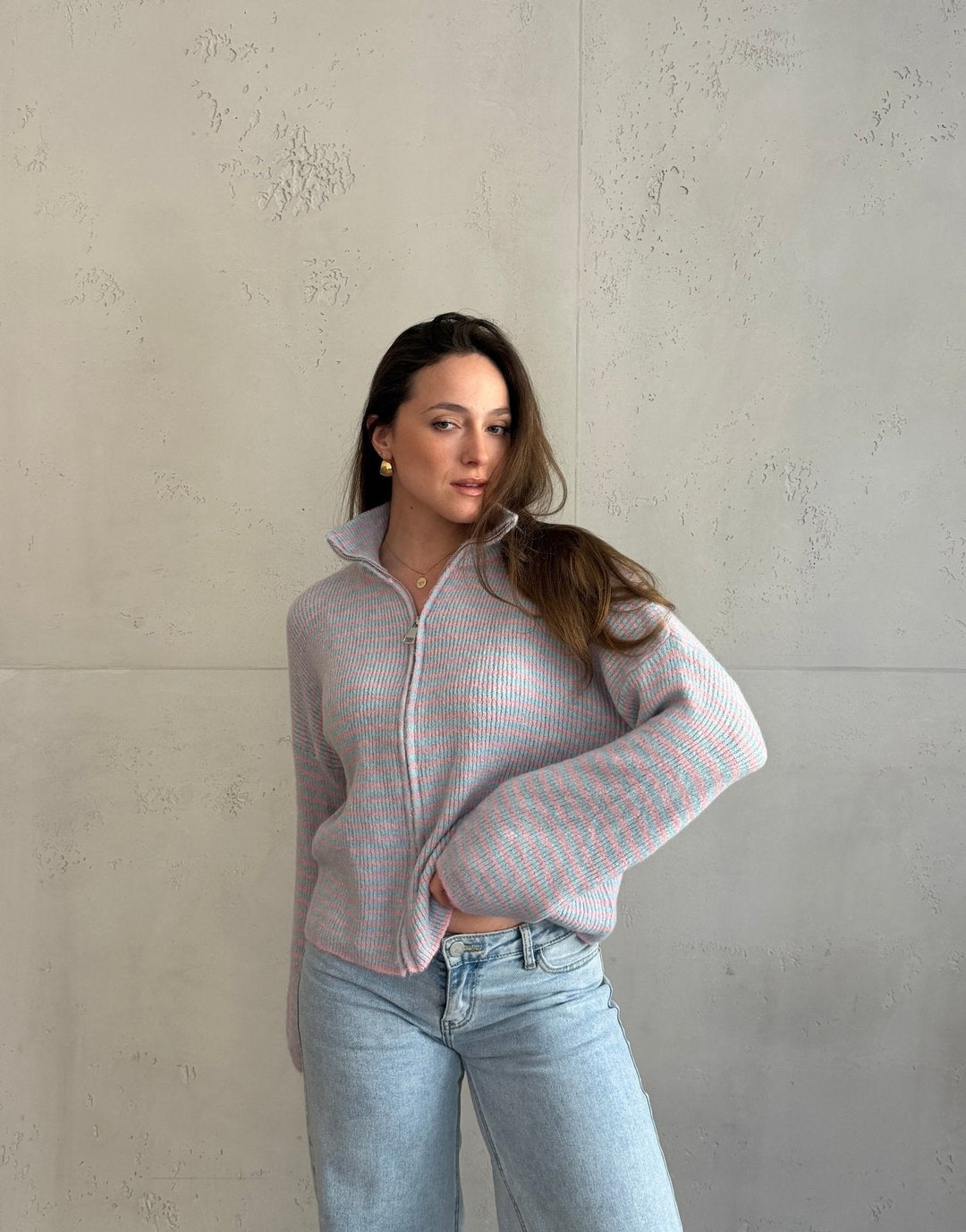 Stony - Striped cardigan with zipper and stand-up collar