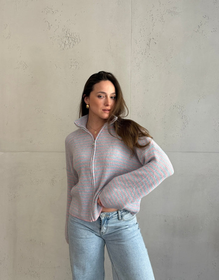 Stony - Striped cardigan with zipper and stand-up collar