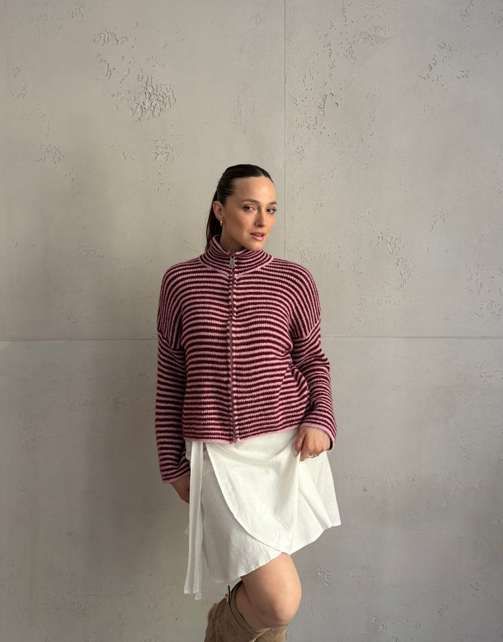 Stony - Striped cardigan with zipper and stand-up collar