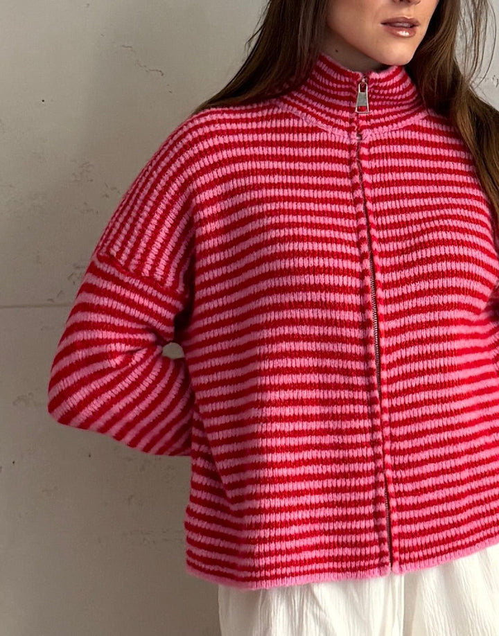 Stony - Striped cardigan with zipper and stand-up collar