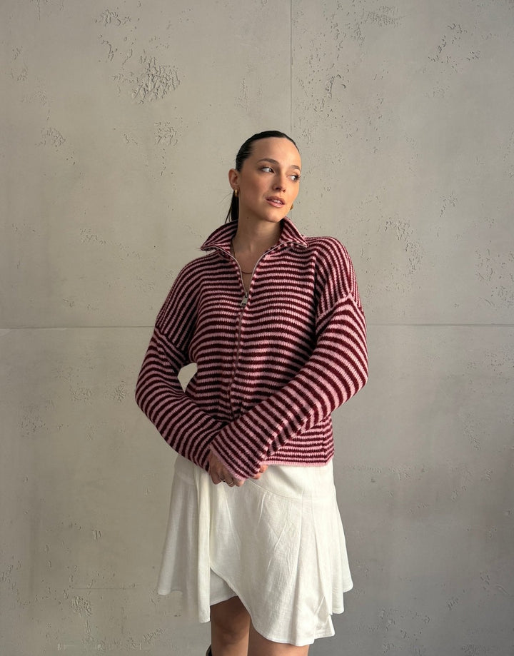 Stony - Striped cardigan with zipper and stand-up collar