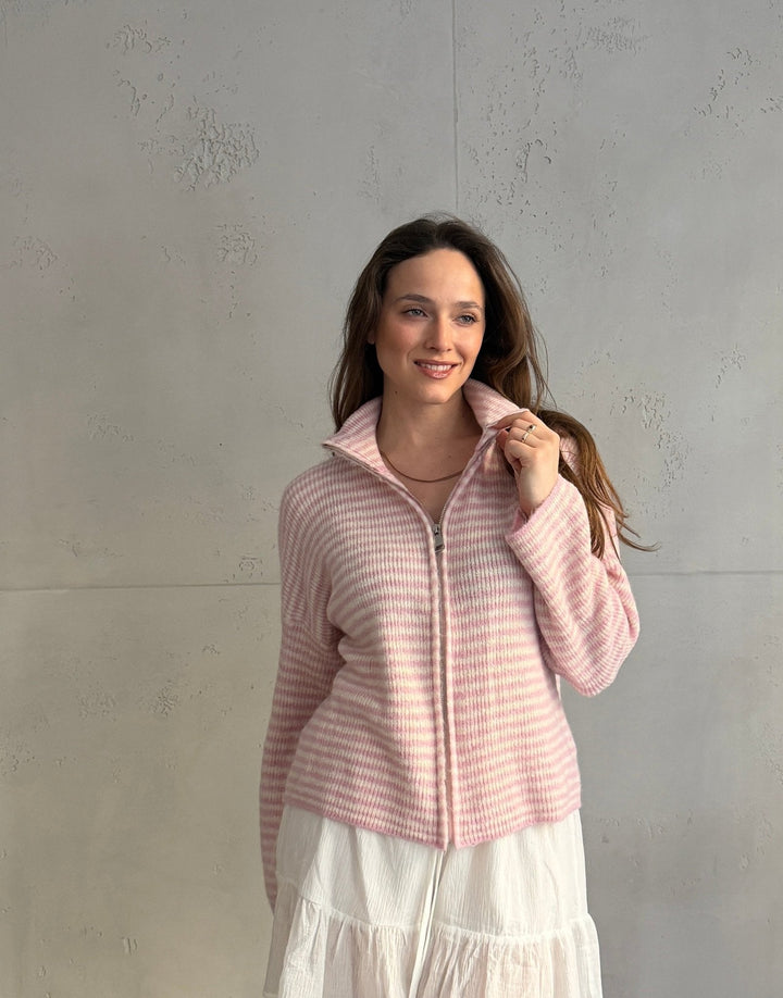 Stony - Striped cardigan with zipper and stand-up collar
