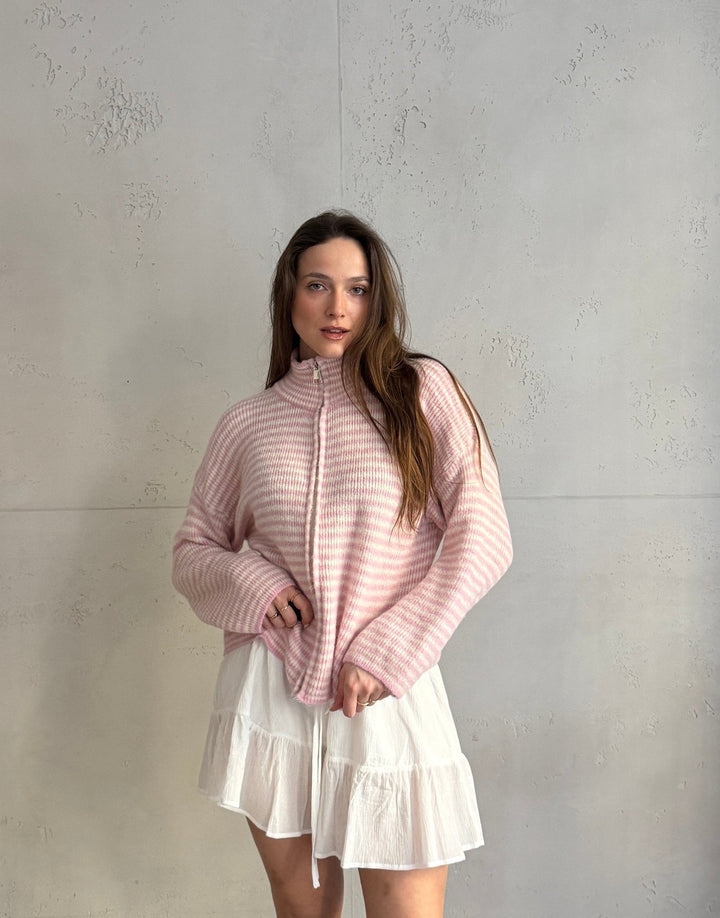 Stony - Striped cardigan with zipper and stand-up collar