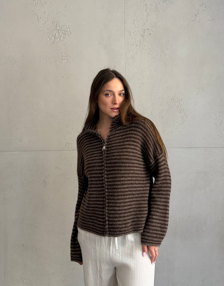 Stony - Striped cardigan with zipper and stand-up collar