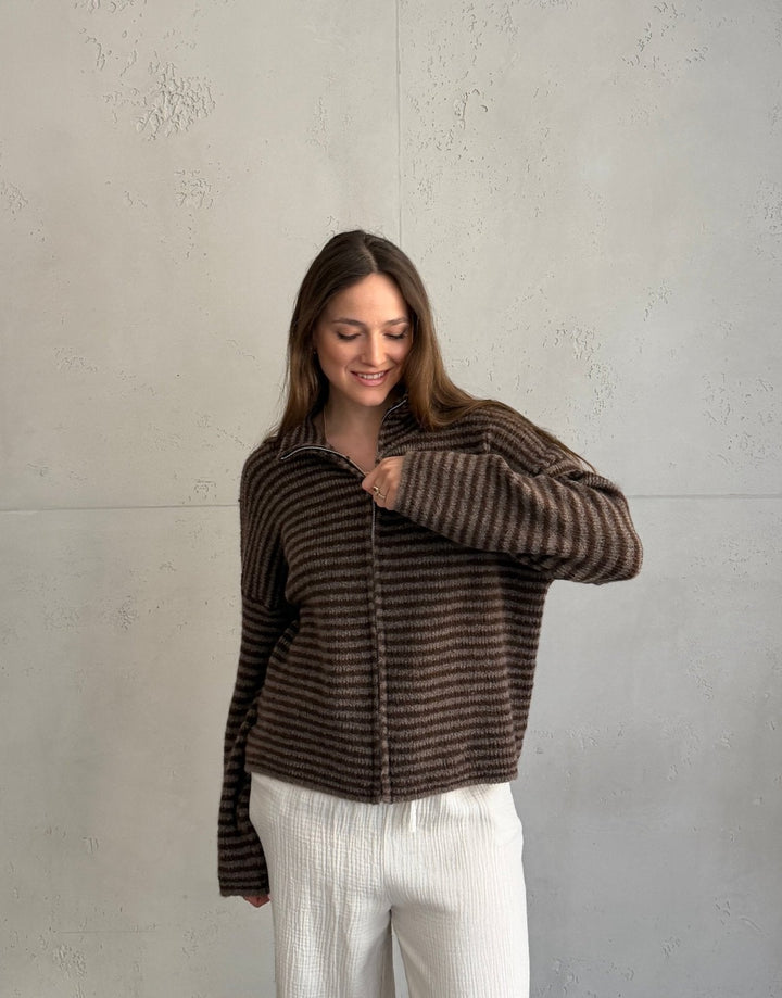 Stony - Striped cardigan with zipper and stand-up collar