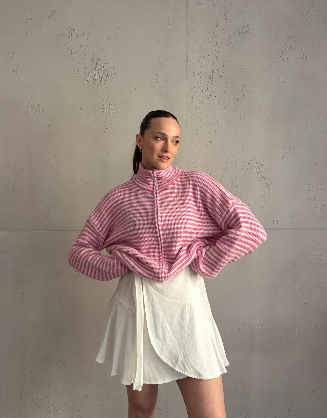 Stony - Striped cardigan with zipper and stand-up collar
