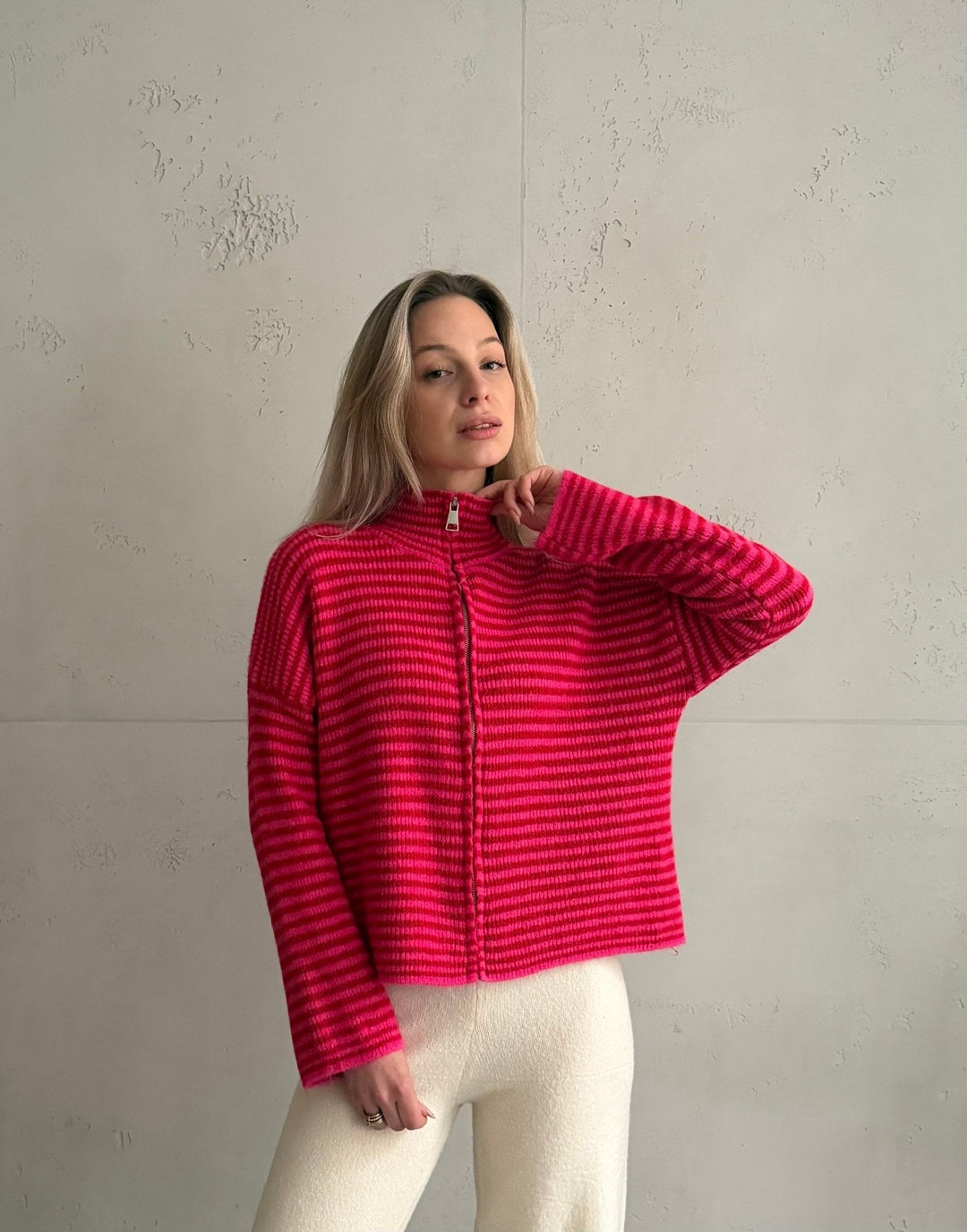 Stony - Striped cardigan with zipper and stand-up collar
