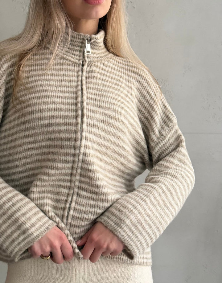 Stony - Striped cardigan with zipper and stand-up collar
