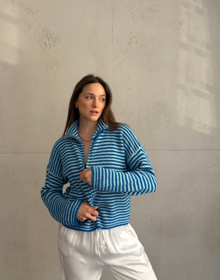 Stony - Striped cardigan with zipper and stand-up collar
